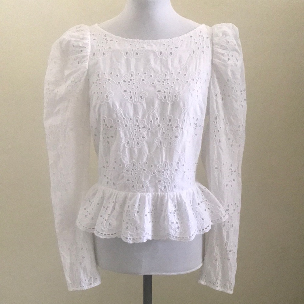 Eyelet White Peplum Puff Sleeve Blouse